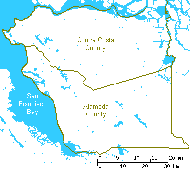 map of the San Francisco Bay Area's Alameda and Contra Costa Counties